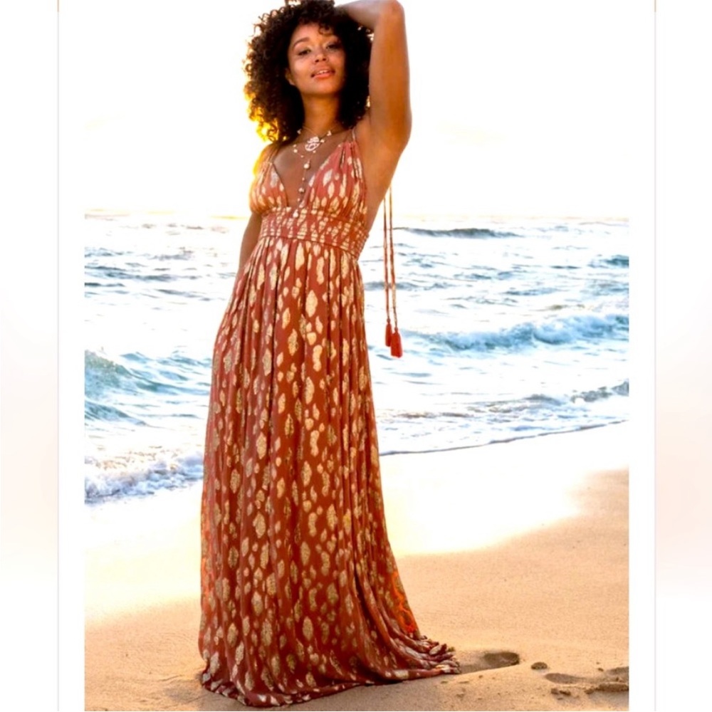 Altar’d State Vanessa mauve and gold metallic maxi dress
